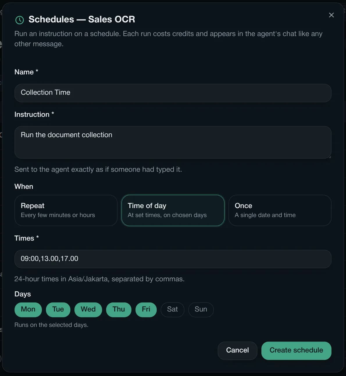The Dagploy routine scheduler, creating a schedule that runs a document collection at 09:00, 13:00 and 17:00 from Monday to Friday.
