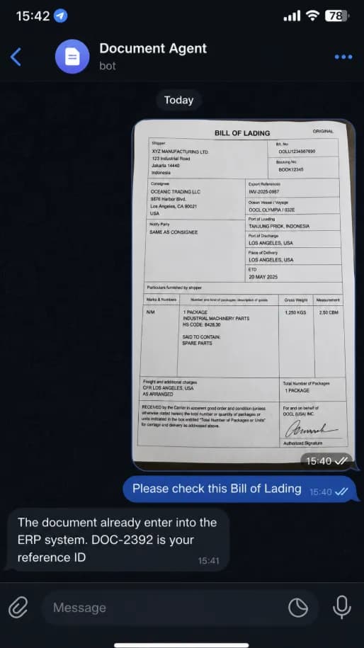 A Telegram chat where a photo of a bill of lading is sent to a Dagploy document agent, which replies confirming the document entered the ERP system with reference ID DOC-2392.